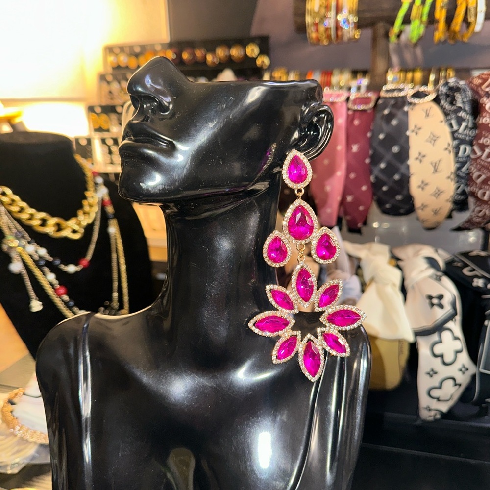 5” Elegant Hot Pink Glass Crystal Gems Drop Earrings